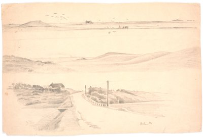Studieblad met drie landschappen uit Jutland. Boven: landschap met ploegveld; midden: landschap met hoge heuvels; onder: landschap met huis en weg door Hans Smidth