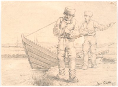 Twee Limfjordvissers die een Boot Trekken door Hans Smidth