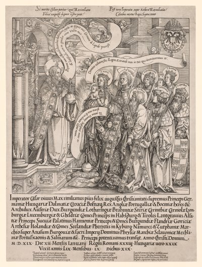 De Keizer Maximiliaan Gepresenteerd door Zijn Beschermheiligen aan de Almachtige door Hans Springinklee
