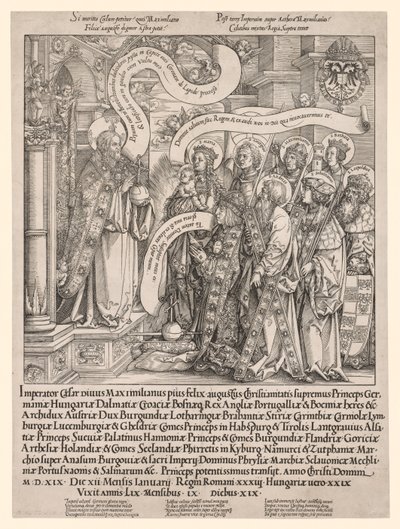 De keizer Maximiliaan gepresenteerd door zijn beschermheiligen aan de Almachtige, 1519 door Hans Springinklee