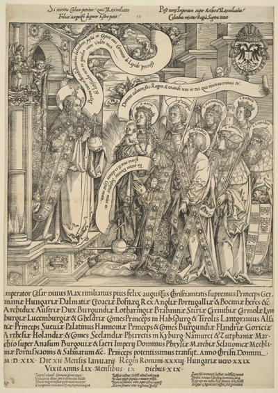 De Keizer Maximiliaan Gepresenteerd aan Christus door Zijn Beschermheiligen door Hans Springinklee