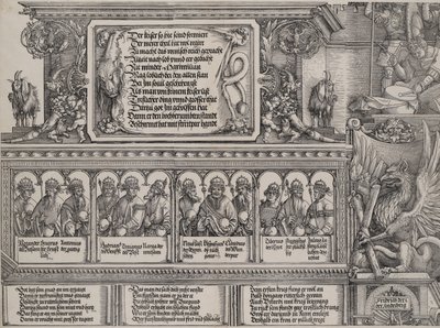 Het bovenste deel van de linkerpoort, met de inscriptie op een leeuwenhuid, een fries met B... door Hans Springinklee