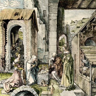 Aanbidding van het Kind Jezus met St. Catharina en Barbara door Hans Suess Kulmbach