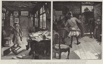 Illustraties, uit de Jubileumeditie van Holbergs Toneelstukken, uitgegeven door E Bojesen, voor het Holberg Jubileumfestival door Hans Tegner