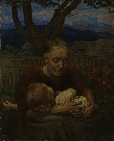 Moeder en kind in een tuin door Hans Thoma