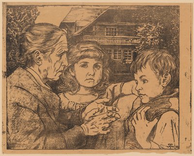 Een oude vrouw die twee kinderen verhaaltjes vertelt, met op de achtergrond een huis in het Zwarte Woud door Hans Thoma