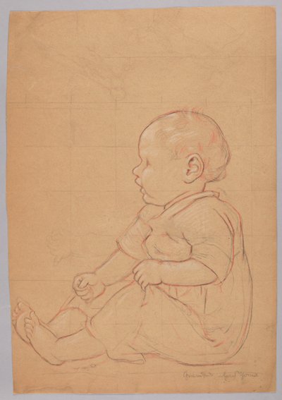 Studie van een zittend kind, verso: een oude man zittend op een steen door Hans Thoma