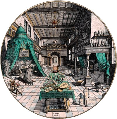 Laboratorium van de alchemist, 1595 door Hans Vredeman de Vries