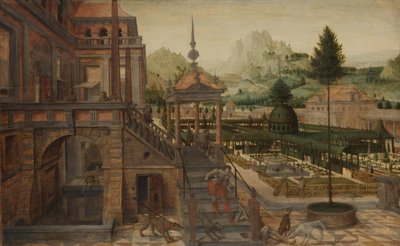 Paleistuinen met arme Lazarus op de voorgrond door Hans Vredeman de Vries