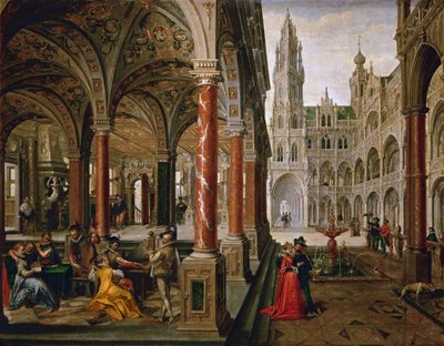 Paleis met muzikanten door Hans Vredeman de Vries