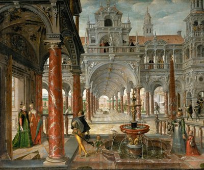Paleis met voorname bezoekers door Hans Vredeman de Vries