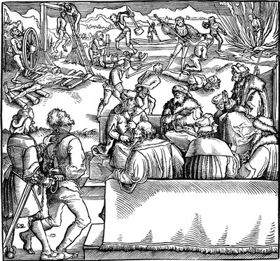 Rechtszitting. Illustratie uit het boek Phisicke Against Fortune door Petrarca, 1532 door Hans Weiditz the Younger