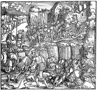 Belegering van een fort. Illustratie uit het boek Phisicke Against Fortune door Petrarca door Hans Weiditz the Younger