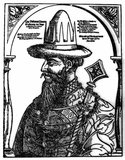 Portret van Ivan IV de Verschrikkelijke (1533 - 1584), Russische tsaar. Xylografie door Hans Weygel. door Hans Weigel