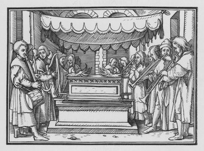David stelt een groep zangers en muziek aan om de Heer te prijzen, 1 Kronieken XVI, 4 door Hans after Holbein the Younger