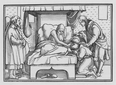 Jakob zegent Jozef en zijn twee zonen, Genesis XLVIII, 14 door Hans after Holbein the Younger