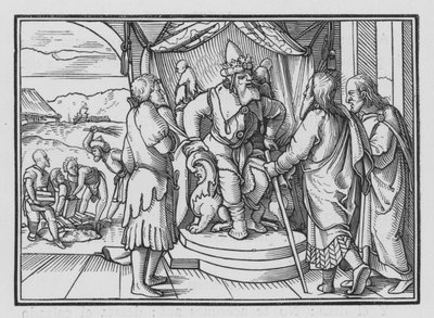 De farao verwijt Mozes en Aäron hun boodschap, Exodus V, 2 door Hans after Holbein the Younger