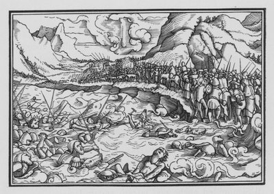 De farao achtervolgt de Israëlieten, Exodus XIV, 28 door Hans after Holbein the Younger