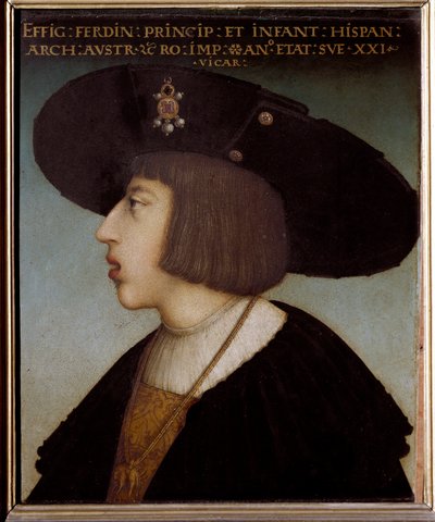 Portret van Ferdinand I, Heilige Roomse Keizer en Koning van Bohemen en Hongarije, op 21-jarige leeftijd (met de kraag van de Orde van het Gulden Vlies) door Hans or Johan Maler