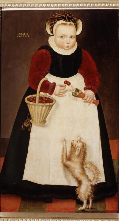 Portret van een jong meisje met een mand kersen en een pop door Hans the Elder Bock