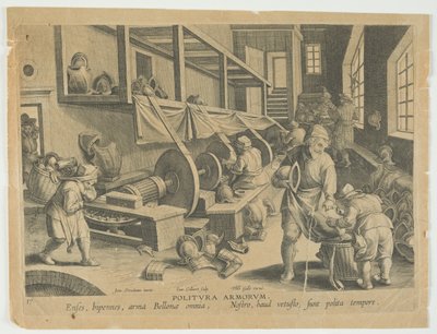 Politura Armorum, Polijsten van wapens, plaat 17 uit de serie Nova Reperta, Moderne Ontdekkingen, c.1588 door Hans the younger Collaert