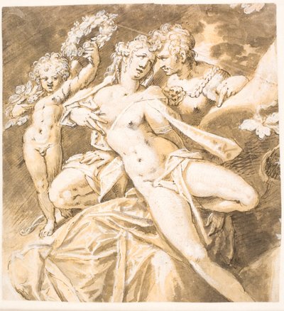 Mars streelt Venus; links een cupido die haar een krans aanbiedt door Hans von Aachen