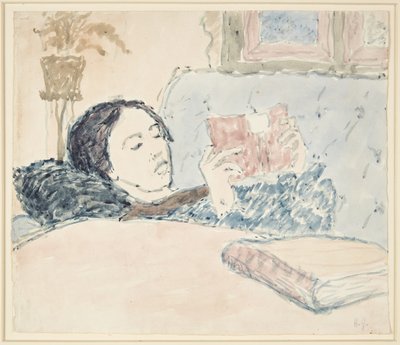 Interieur met een van de zusters van de kunstenaar, liggend en lezend door Harald Giersing