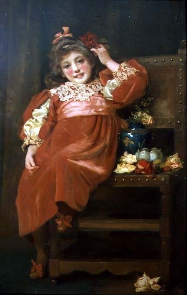 Een volledig portret van een mooi jong meisje in een rode jurk, liggend in een stoel door Hariette Sutcliffe