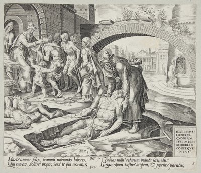 Zalig zijn de barmhartigen. Tobit begraaft de doden, kleedt de naakten en voedt de hongerigen door Harmen Jansz. Muller
