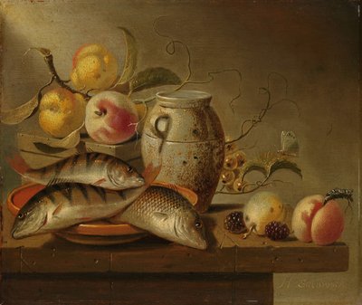 Stilleven met aardewerken pot, vis en fruit door Harmen Steenwijck
