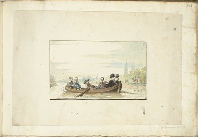 Gezelschap van zes mensen in een boot op de Zwolse singel door Harmen ter Borch
