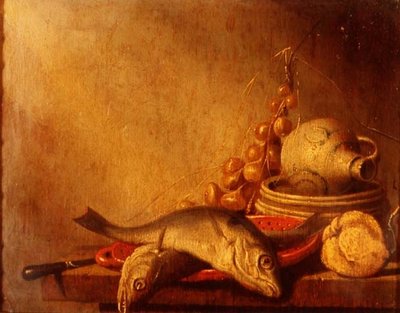 Een pan met vis, een stenen kruik, uien en fruit door Harmen van Steenwyck