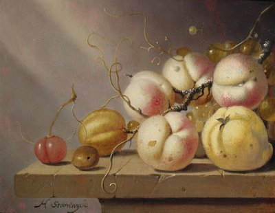 Stilleven van fruit op een richel door Harmen van Steenwyck