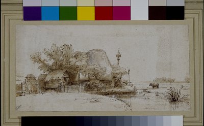 Landschap met een boerderij aan een rivier door Harmensz Van Rijn (after) Rembrandt