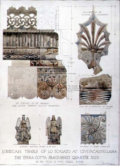 Studies van Fragmenten van de Etruskische Tempel van Lo Scasato in Civitacastellana en van de Villa di Papa Giulio in Rome, c.1910 door Harold Chalton Bradshaw