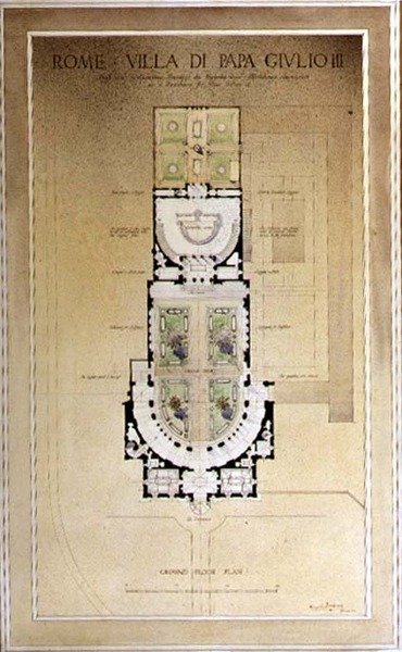 De Begane Grond Plattegrond van de Villa di Papa Giulio in Rome door Harold Chalton Bradshaw