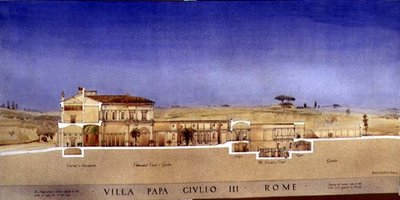 Uitzicht op de zuilengalerij en tuin van de Villa di Papa Giulio in Rome door Harold Chalton Bradshaw
