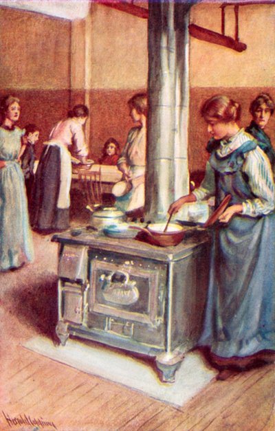 Een groep drukke huisvrouwen, de keuken van de Winnipeg Immigration Hall door Harold Copping