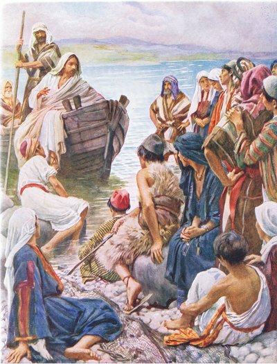 Christus predikend vanuit de boot, illustratie uit Harold Copping Pictures: The Crown Series, ca. 1920 door Harold Copping