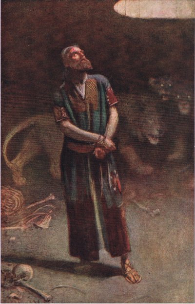 Daniël in de leeuwenkuil, illustratie uit Pictures That Teach The Crown Series, 1920 door Harold Copping