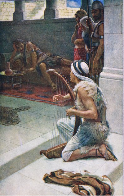 David speelt voor Saul, illustratie uit Pictures That Teach The Crown Series, 1920 door Harold Copping