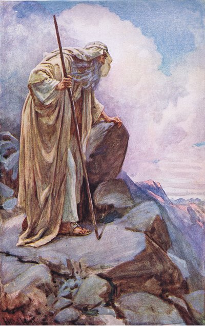 Mozes van Pisga, illustratie uit Pictures That Teach The Crown Series, 1920 door Harold Copping