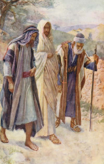 Nieuw Testament: De wandeling naar Emmaüs (kleur litho) door Harold Copping
