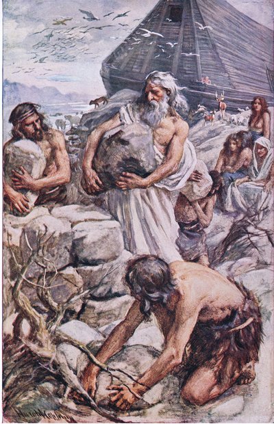 Noach bouwt zijn altaar, illustratie uit Pictures That Teach The Crown Series, 1920 door Harold Copping