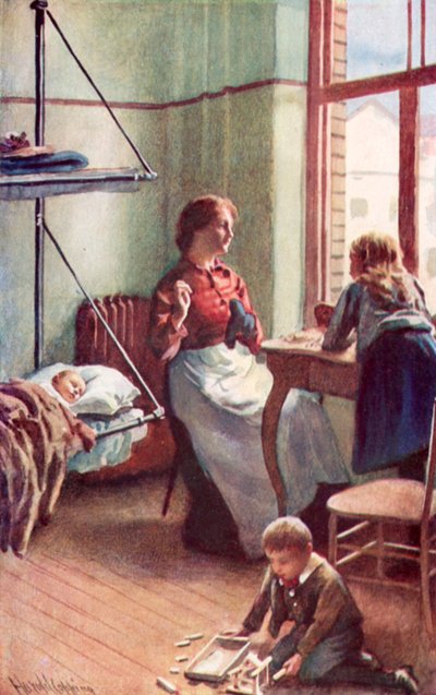 Open deuren gaven ons een glimp van huiselijke sereniteit, een woonkamer in het gratis hotel van de overheid door Harold Copping
