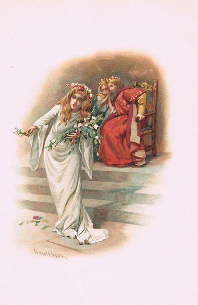 Ophelia met de koning en koningin, illustratie uit Hamlet door Harold Copping