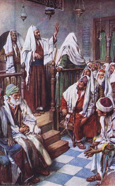 St. Paulus predikt in de synagoge in Antiochië, illustratie uit Harold Copping Pictures: The Crown Series, ca. 1920s door Harold Copping