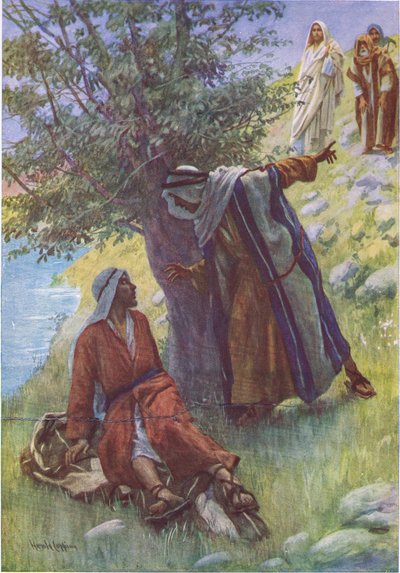 De roeping van Nathaniel, illustratie uit Pictures That Teach The Crown Series, 1920 door Harold Copping