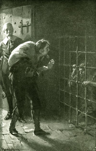 De man in de ijzeren kooi (litho). door Harold Copping