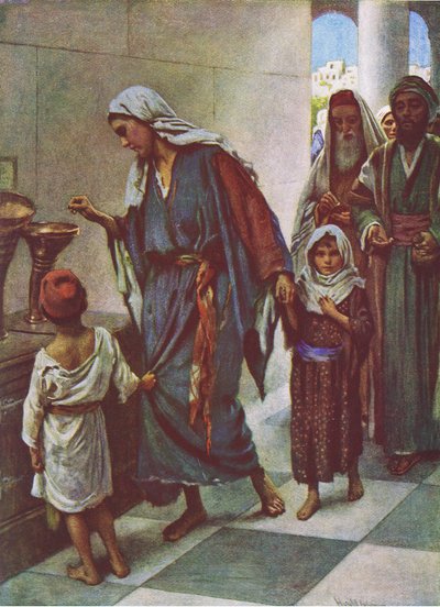 Het geschenk van de arme vrouw, illustratie uit Harold Copping Pictures: The Crown Series, ca. 1920 door Harold Copping